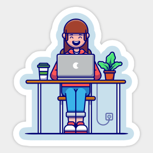 Girl Working on Laptop Cartoon Sticker